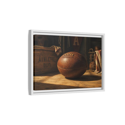 Side Mockup 4. Vintage Leather Football Still Life shown as framed canvas print