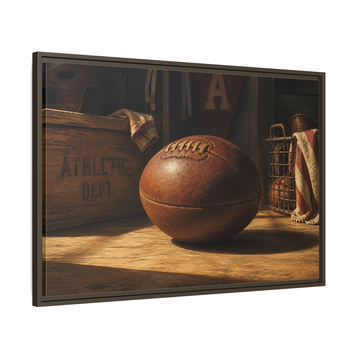 Main Mockup. Vintage Leather Football Still Life shown as framed canvas print