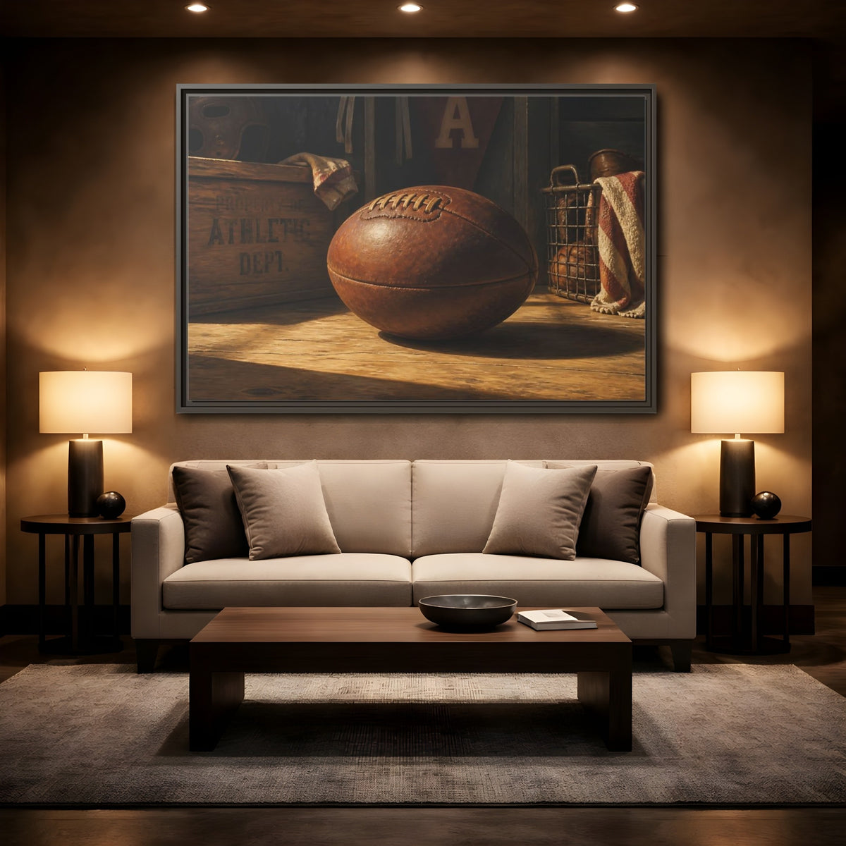 Mockup 2. Vintage Leather Football Still Life shown as framed canvas print