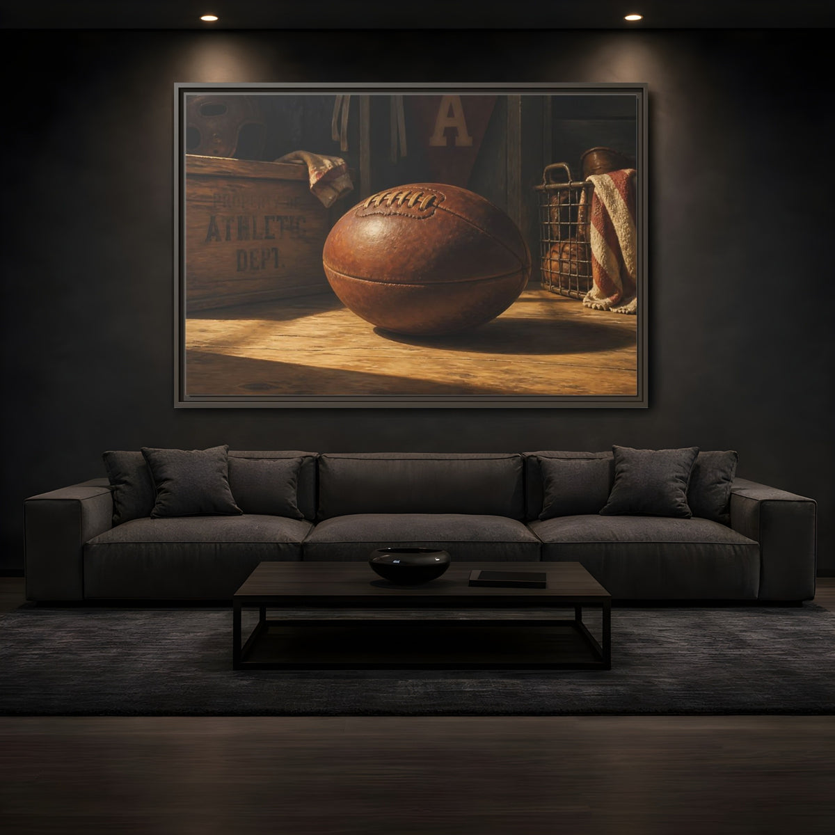 Mockup 3. Vintage Leather Football Still Life shown as framed canvas print