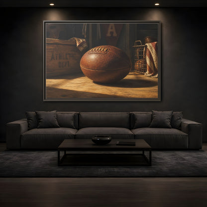 Mockup 3. Vintage Leather Football Still Life shown as framed canvas print