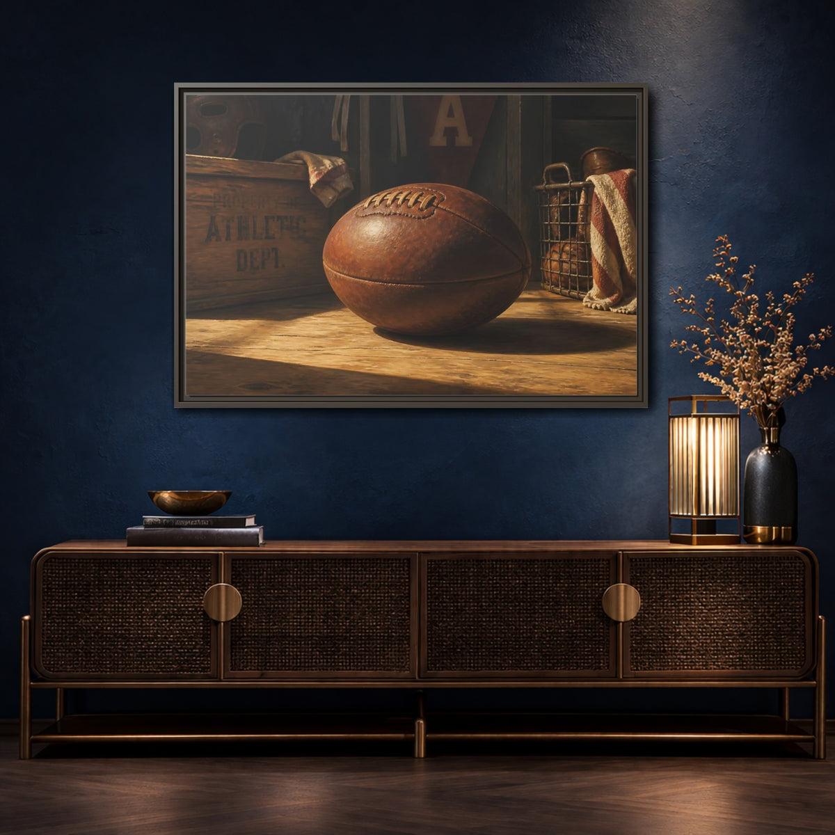 Mockup 4. Vintage Leather Football Still Life shown as framed canvas print