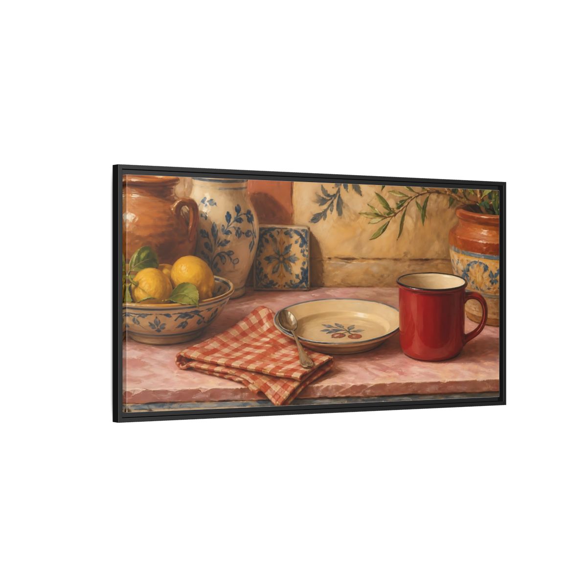 Side Mockup 5. Vintage Lemons Mediterranean Still Life shown as framed canvas print