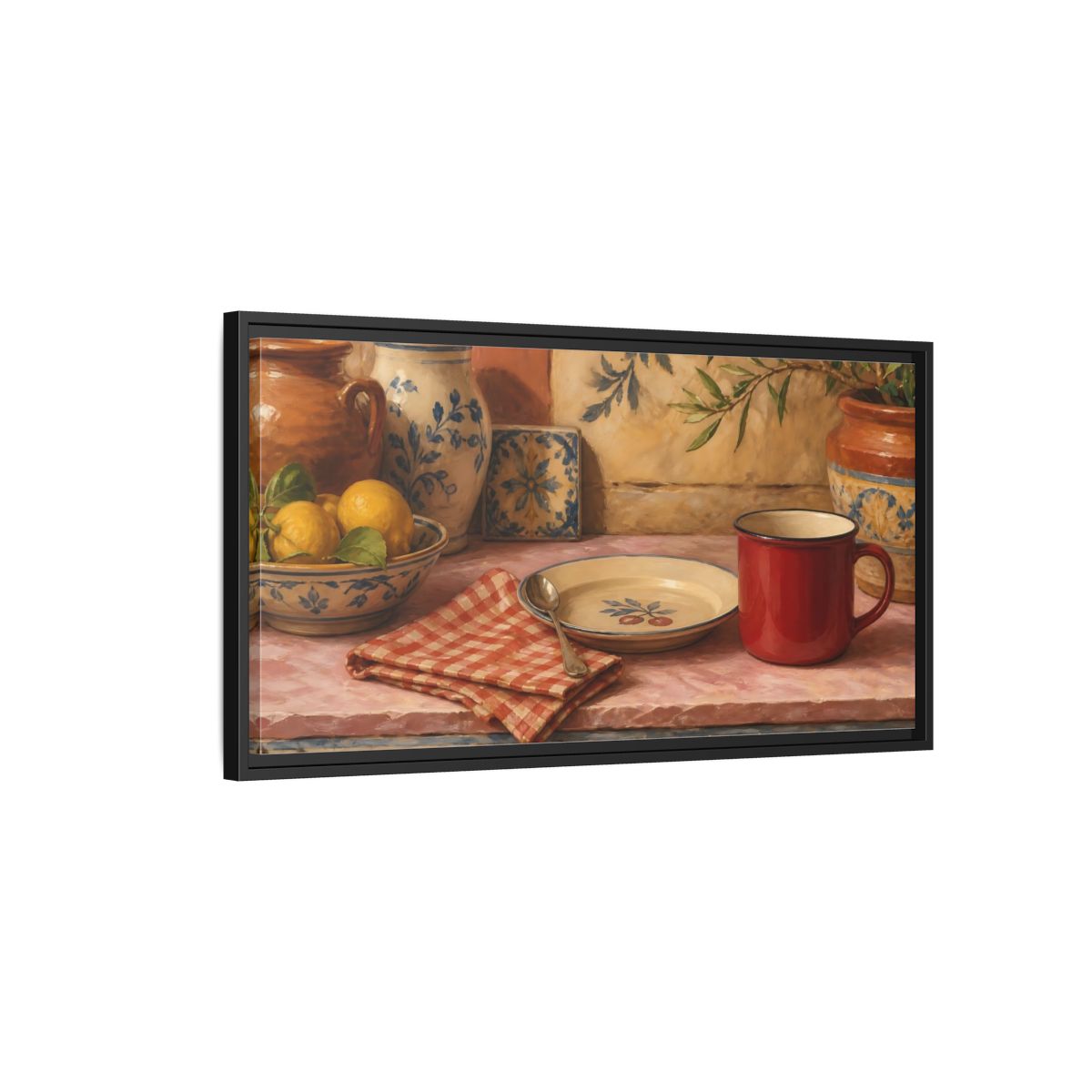 Side Mockup 2. Vintage Lemons Mediterranean Still Life shown as framed canvas print