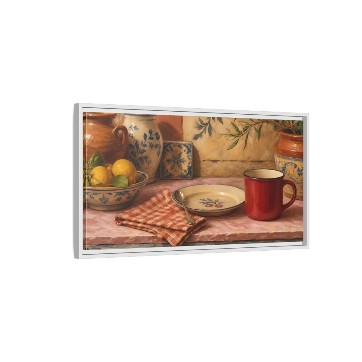 Side Mockup 1. Vintage Lemons Mediterranean Still Life shown as framed canvas print