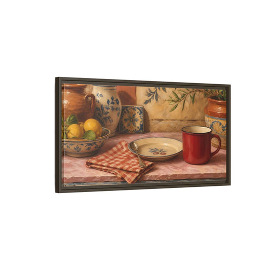 Main Mockup. Vintage Lemons Mediterranean Still Life shown as framed canvas print