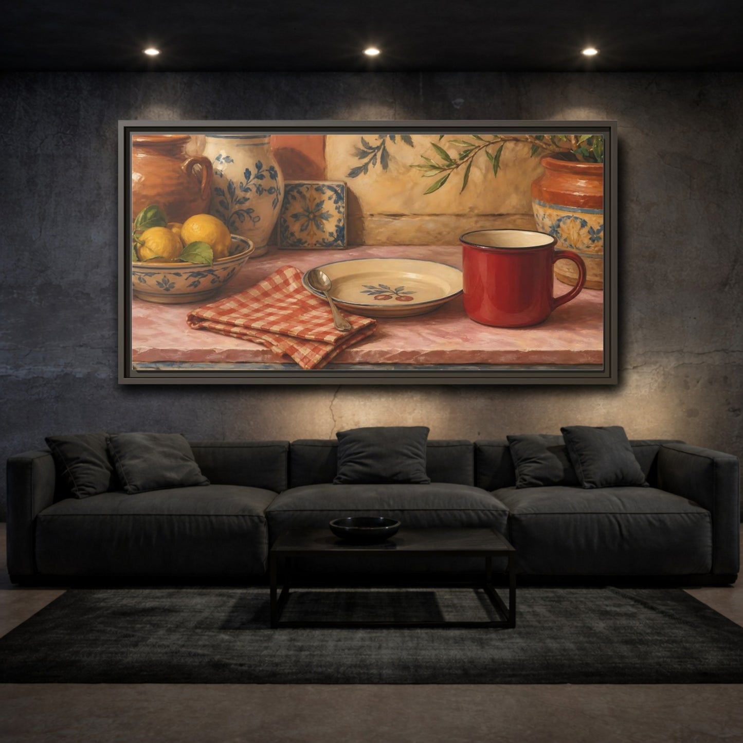 Mockup 3. Vintage Lemons Mediterranean Still Life shown as framed canvas print