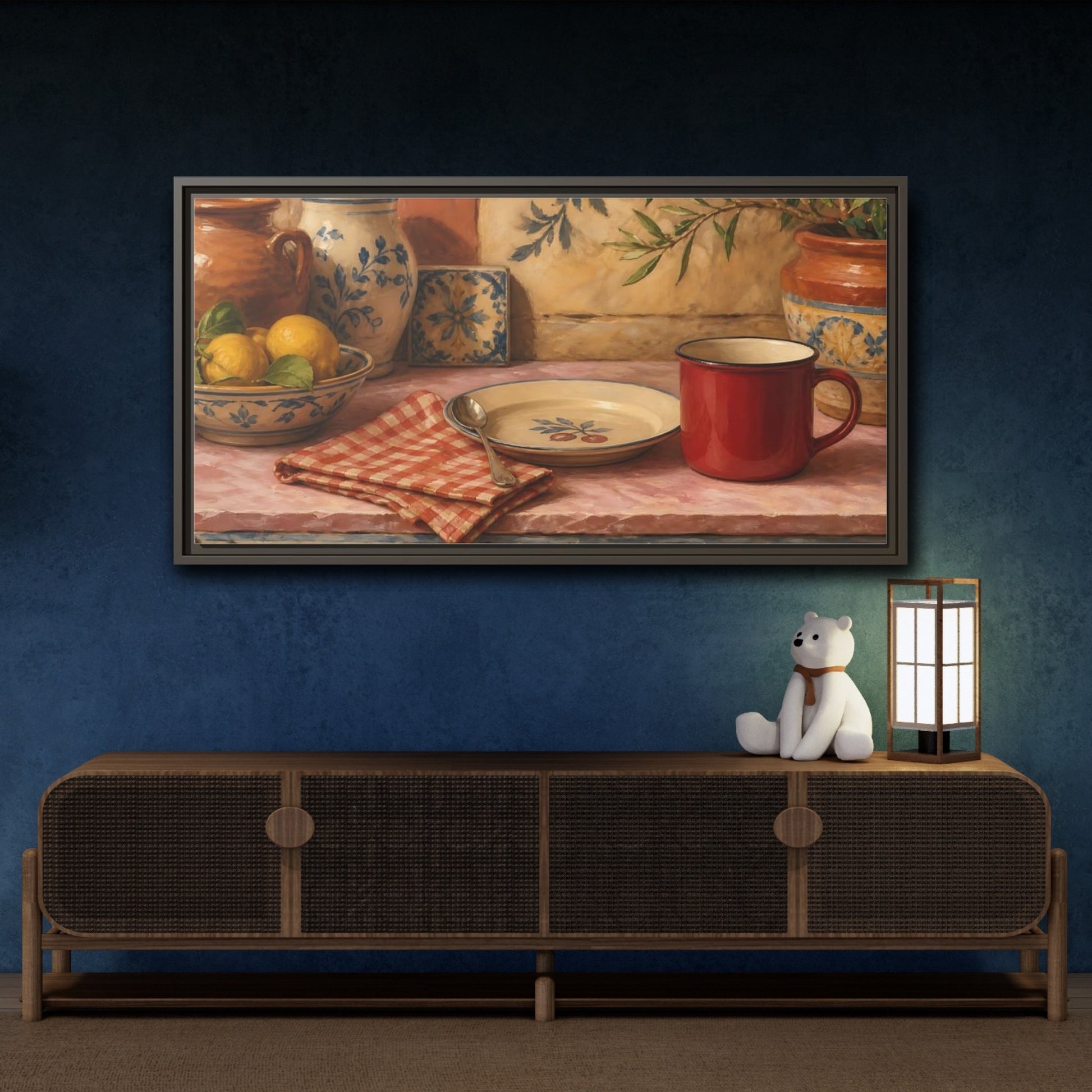 Mockup 4. Vintage Lemons Mediterranean Still Life shown as framed canvas print