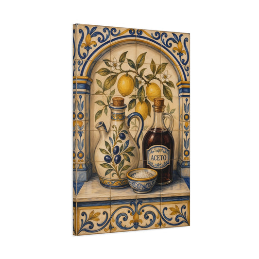 Main Mockup. Vintage Lemons Olives Blue Yellow Still Life shown as stretched canvas wall art