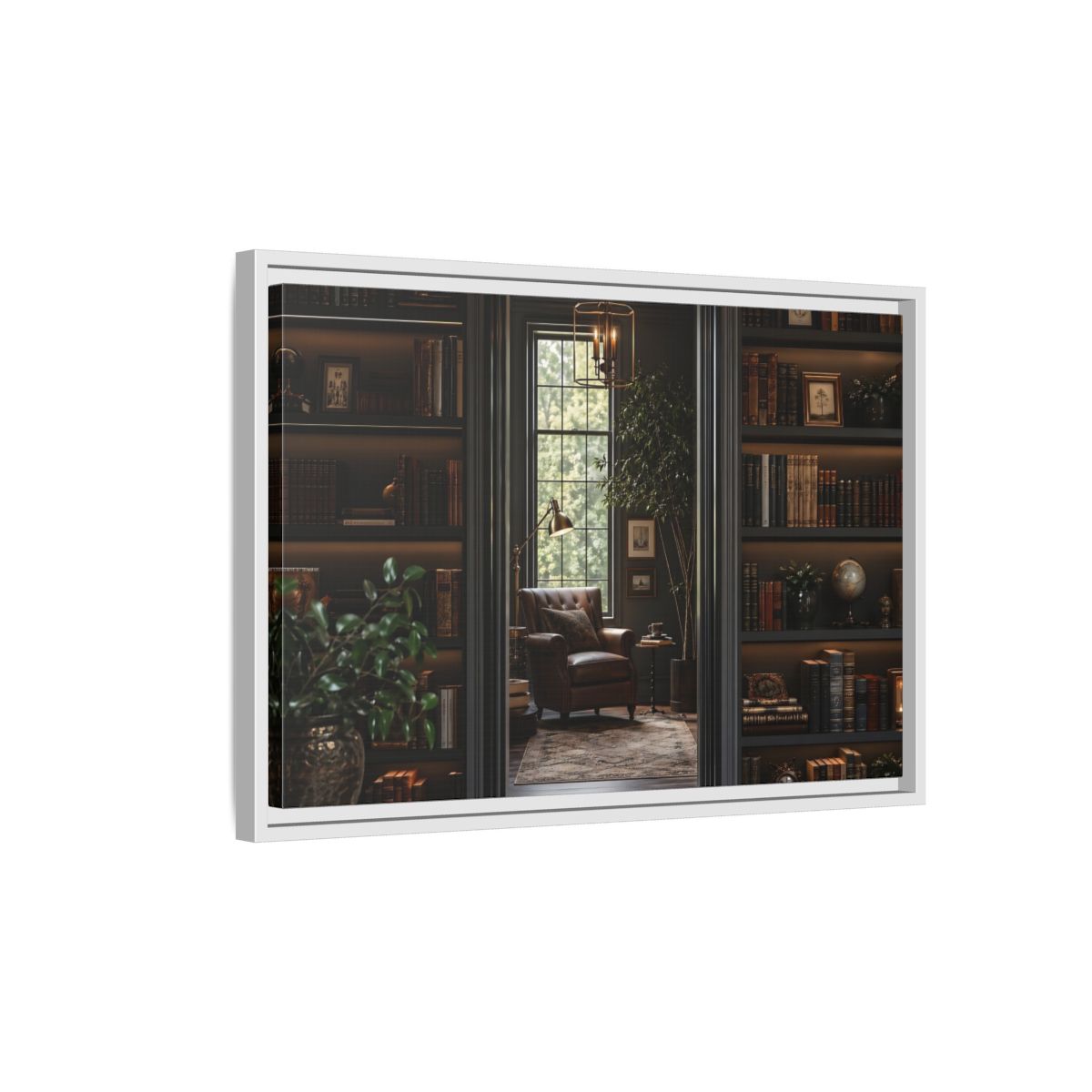 Side Mockup 1. Vintage Library Dark Academia shown as stretched canvas wall art