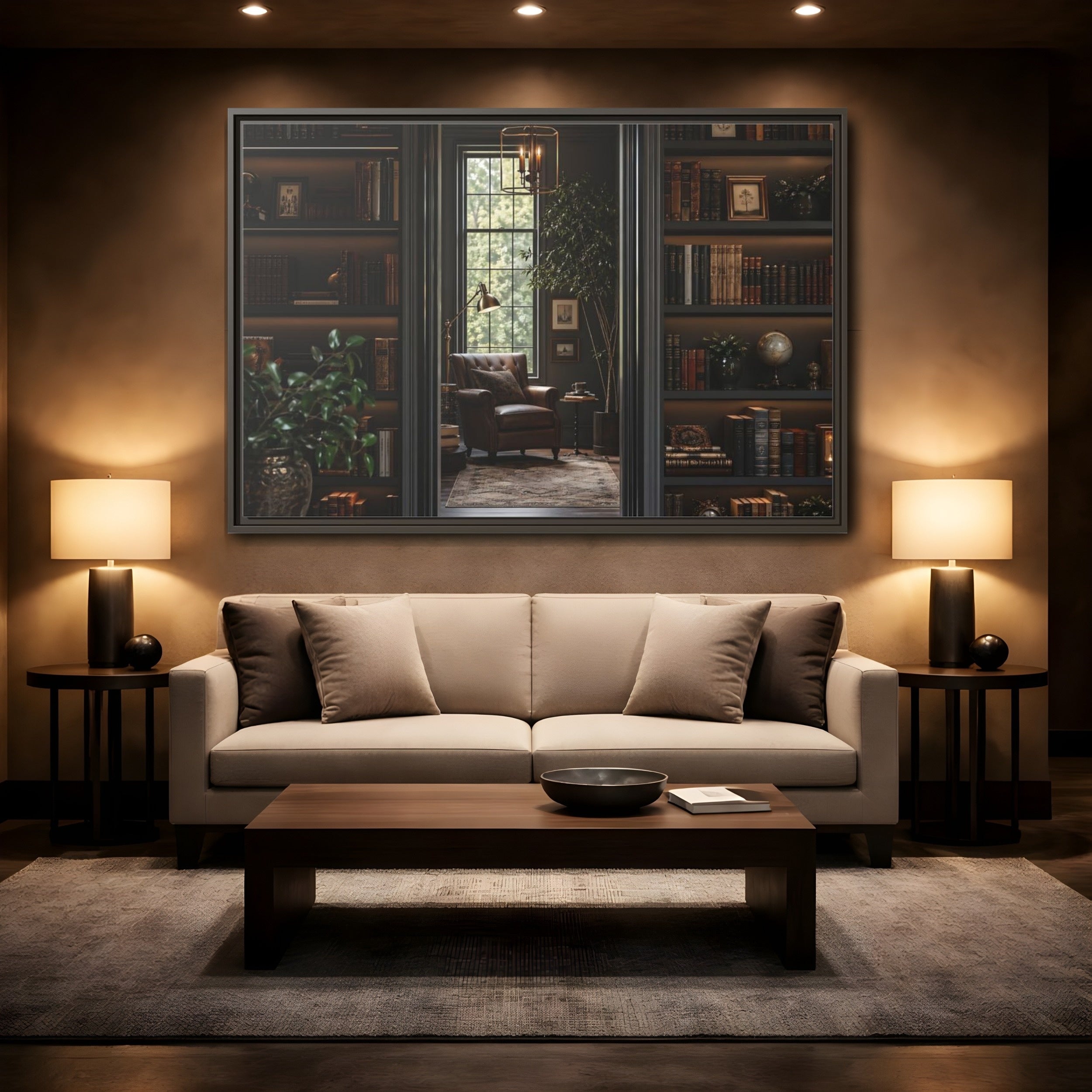 Mockup 2. Vintage Library Dark Academia shown as stretched canvas wall art