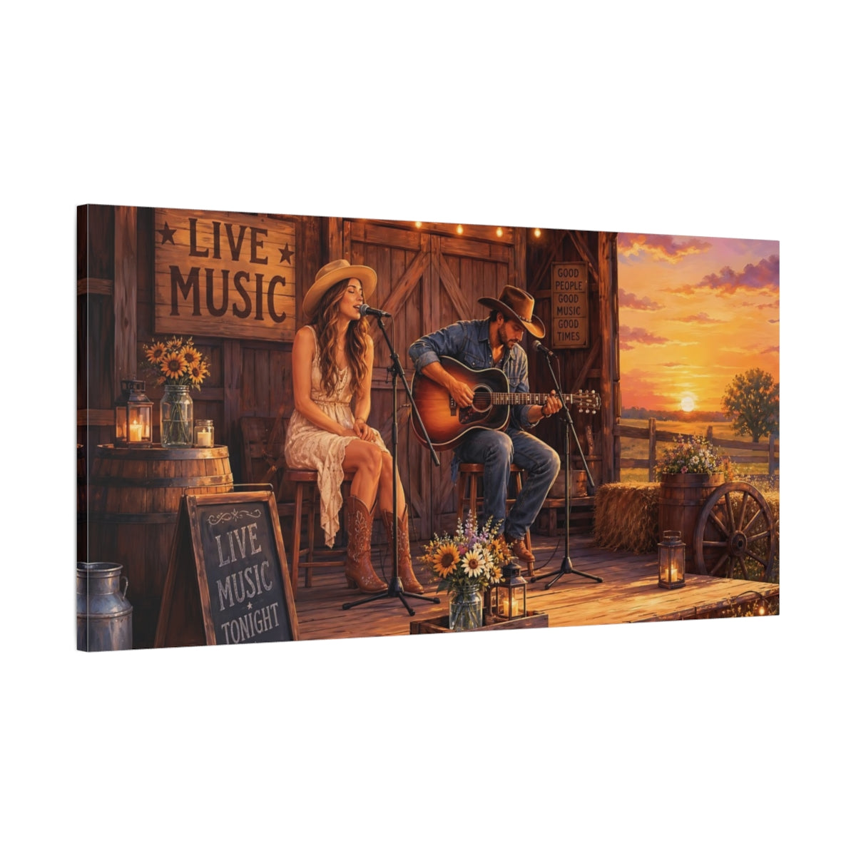 Main Mockup. Vintage Live Music Country Sunset shown as canvas print