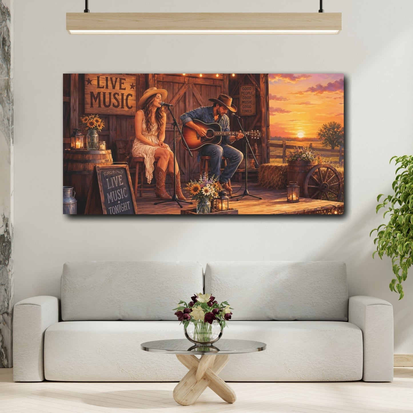 Mockup 2. Vintage Live Music Country Sunset shown as canvas print