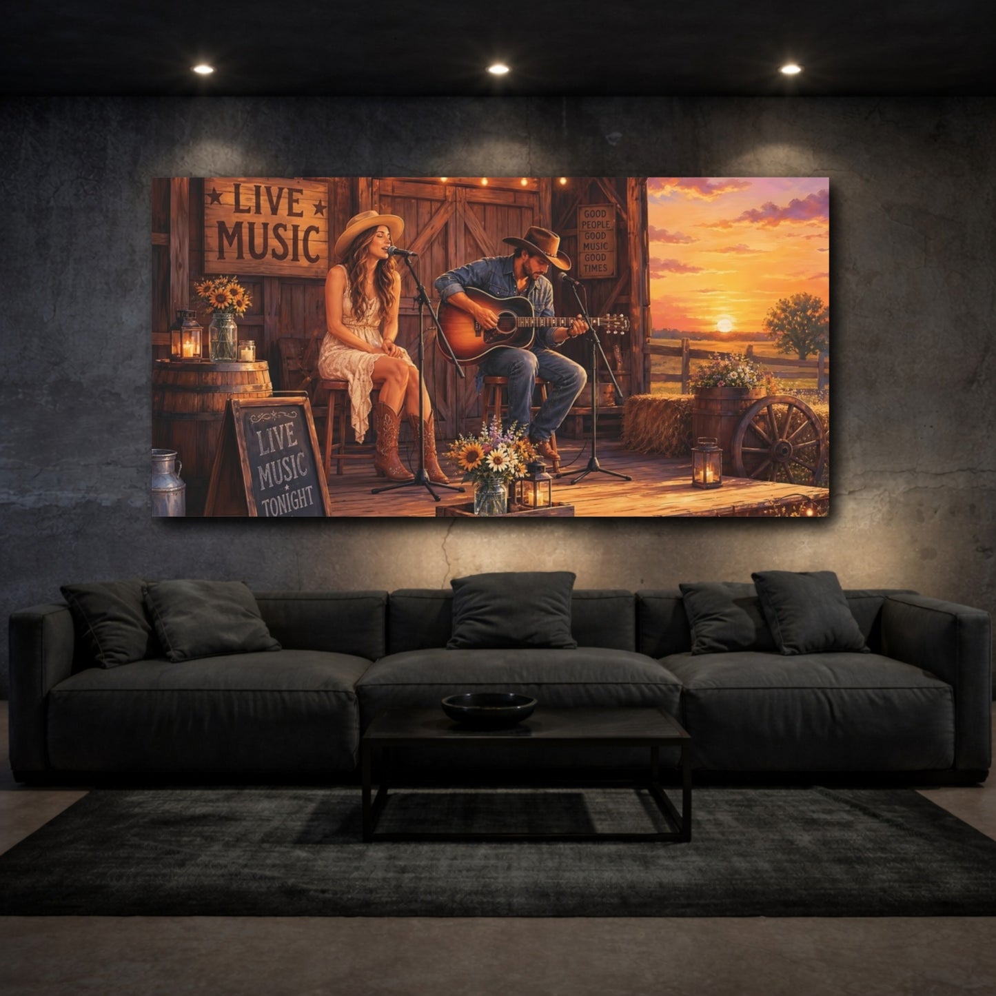 Mockup 3. Vintage Live Music Country Sunset shown as canvas print