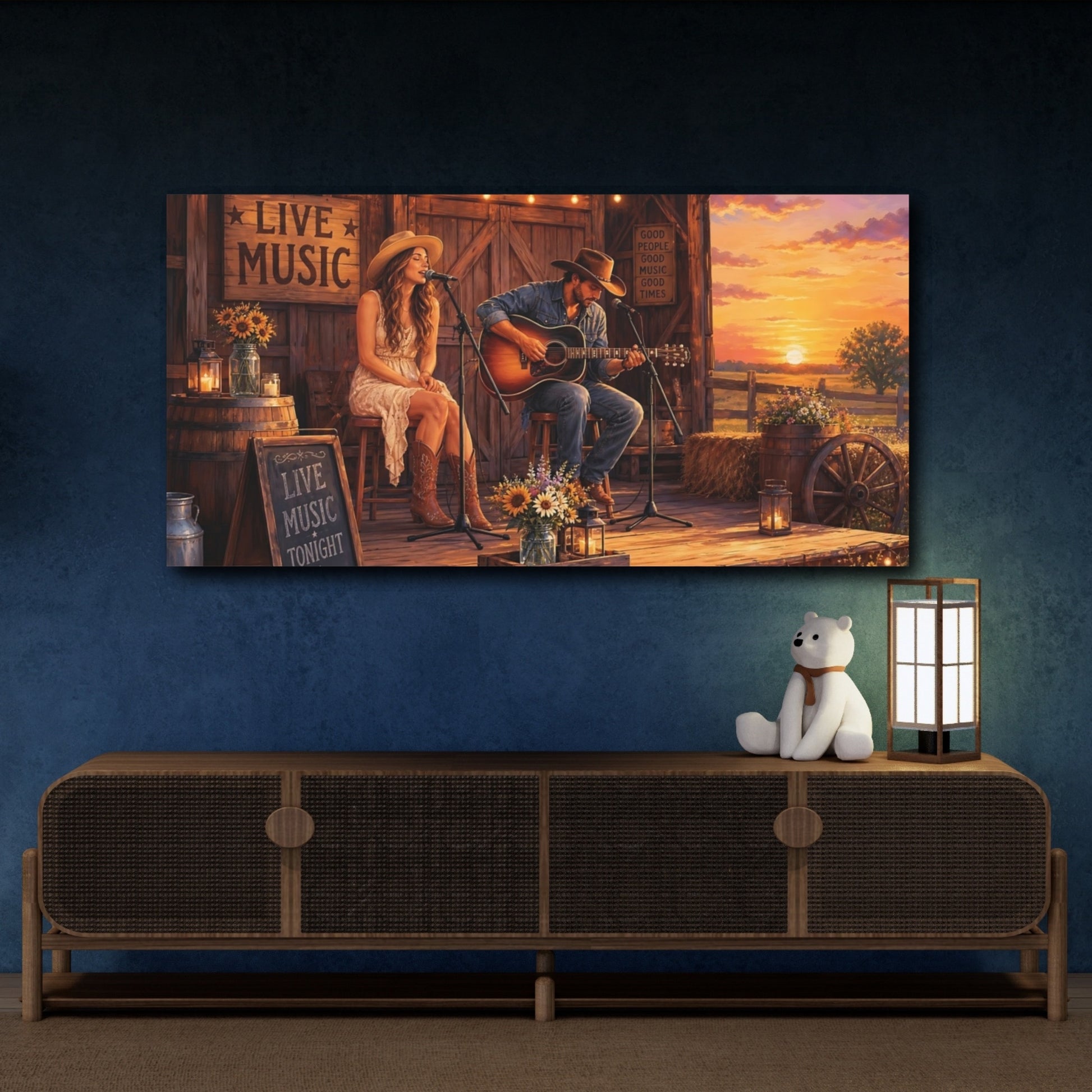 Mockup 4. Vintage Live Music Country Sunset shown as canvas print