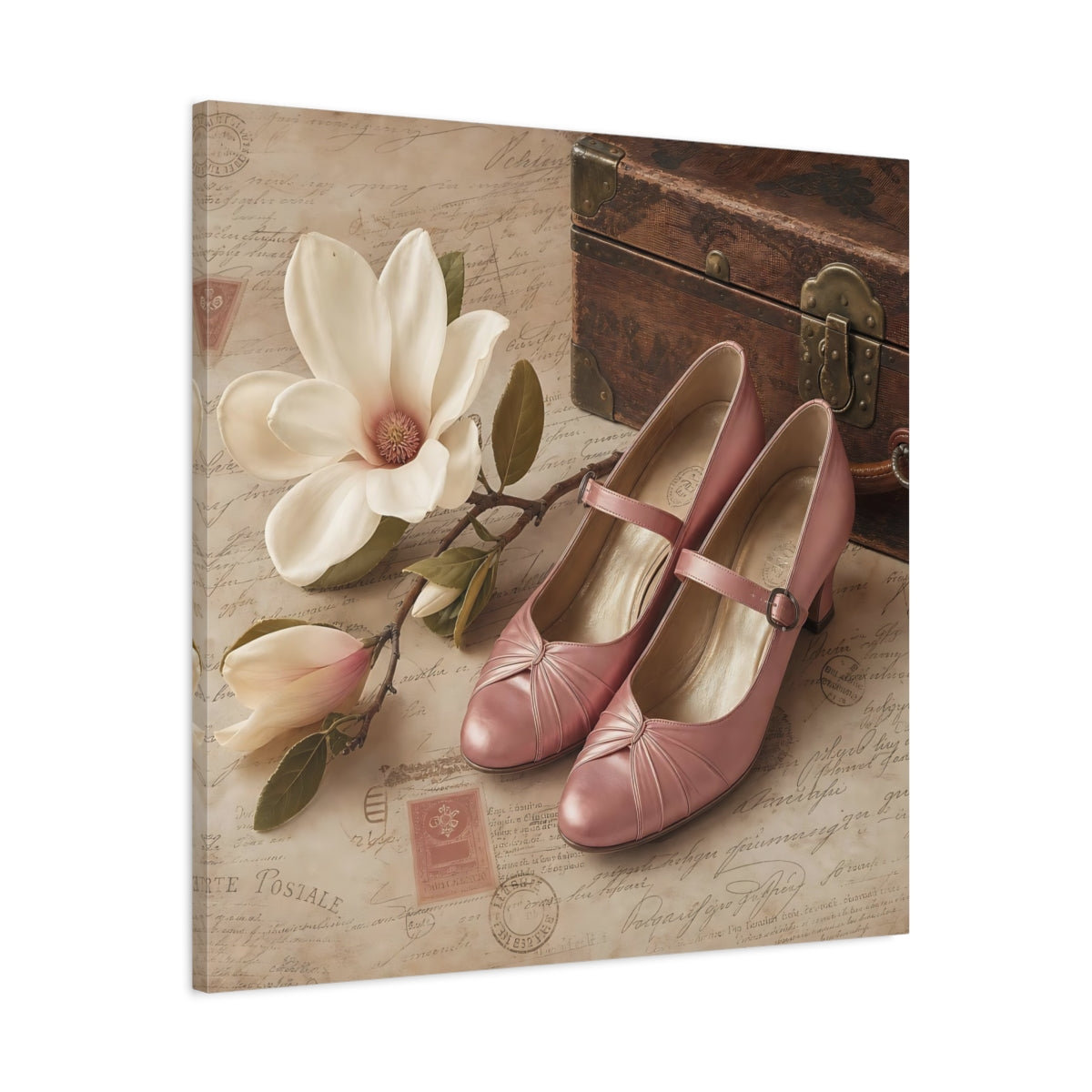 Side Mockup 3. Vintage Magnolia Flower Vintage Pink shown as canvas print