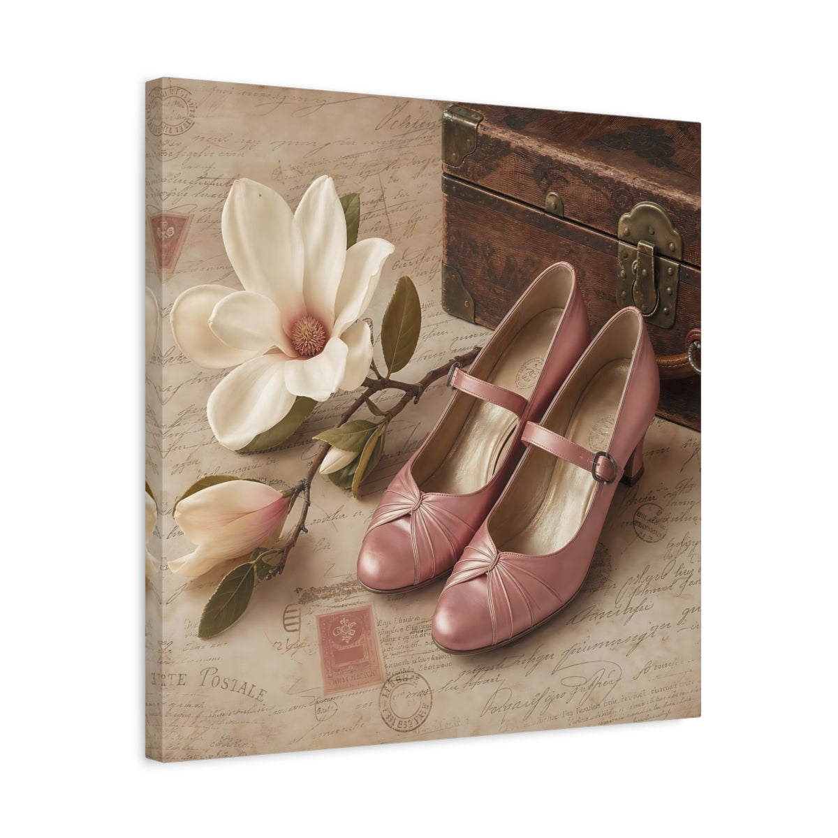 Side Mockup 5. Vintage Magnolia Flower Vintage Pink shown as canvas print