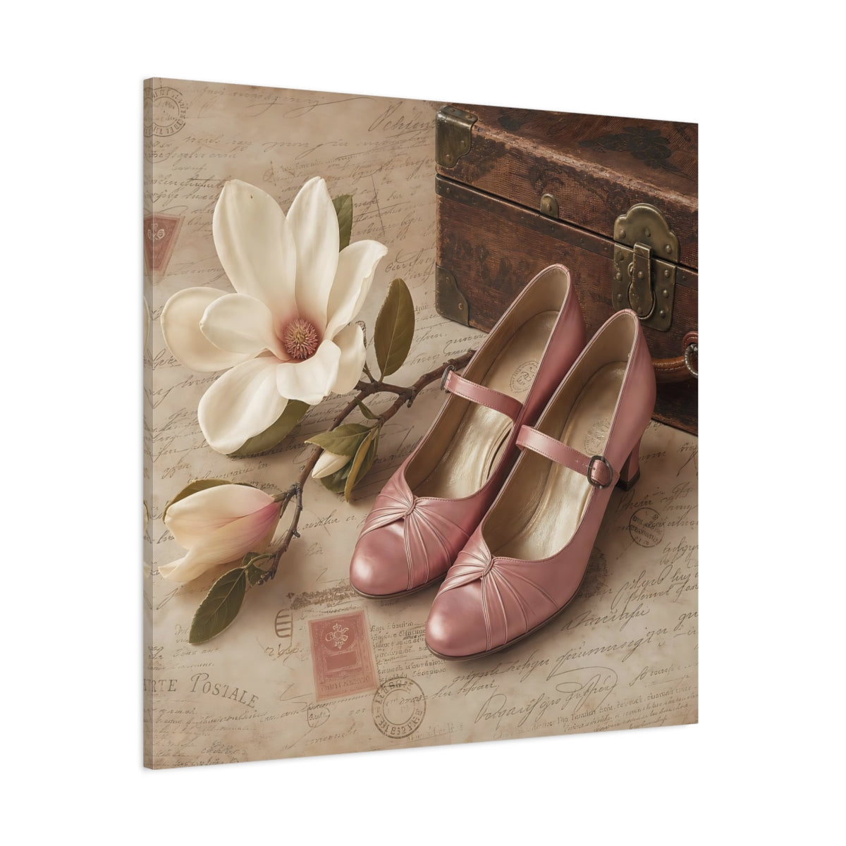 Side Mockup 1. Vintage Magnolia Flower Vintage Pink shown as canvas print