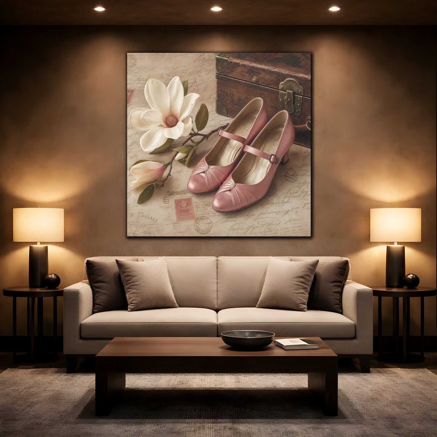 Mockup 2. Vintage Magnolia Flower Vintage Pink shown as canvas print