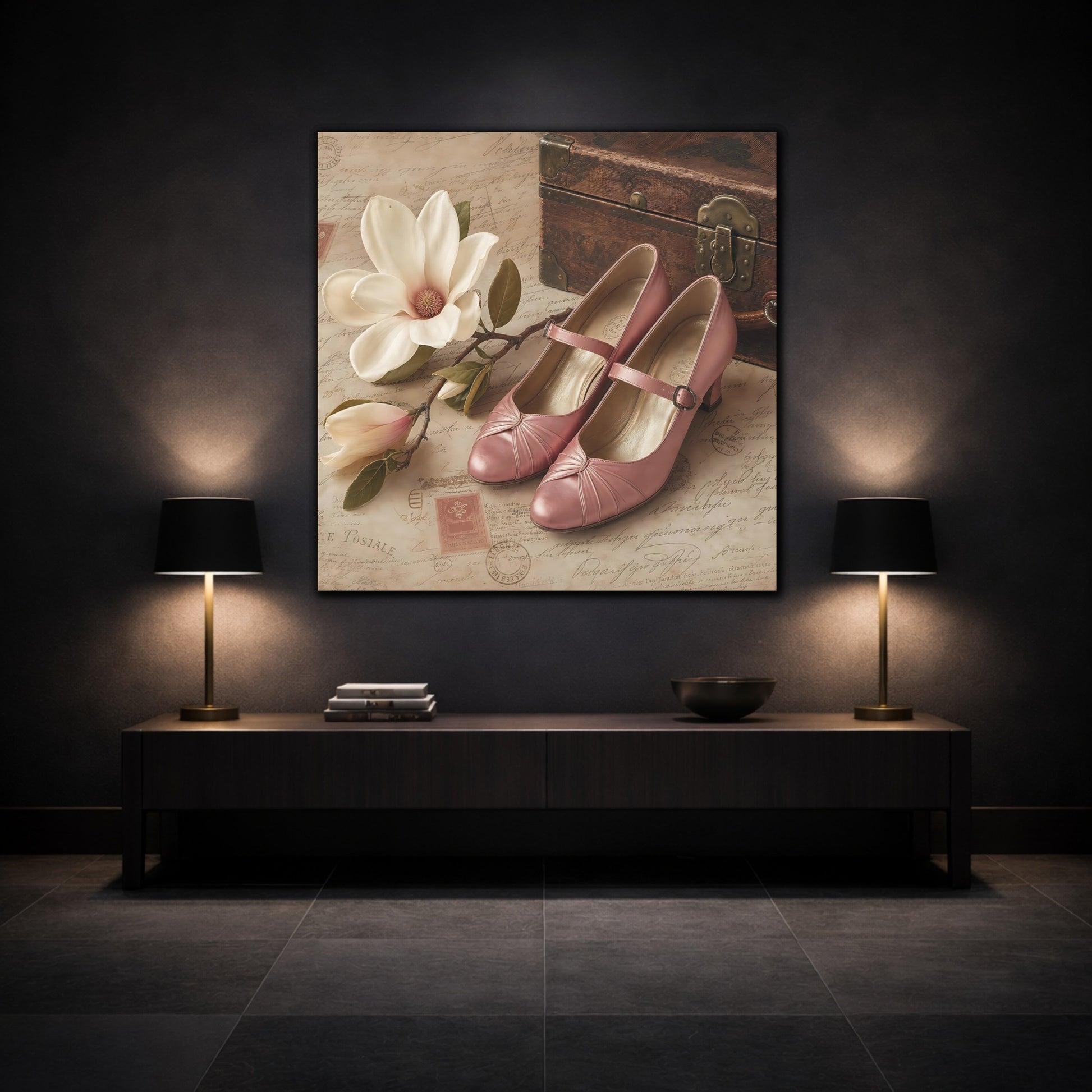 Mockup 3. Vintage Magnolia Flower Vintage Pink shown as canvas print