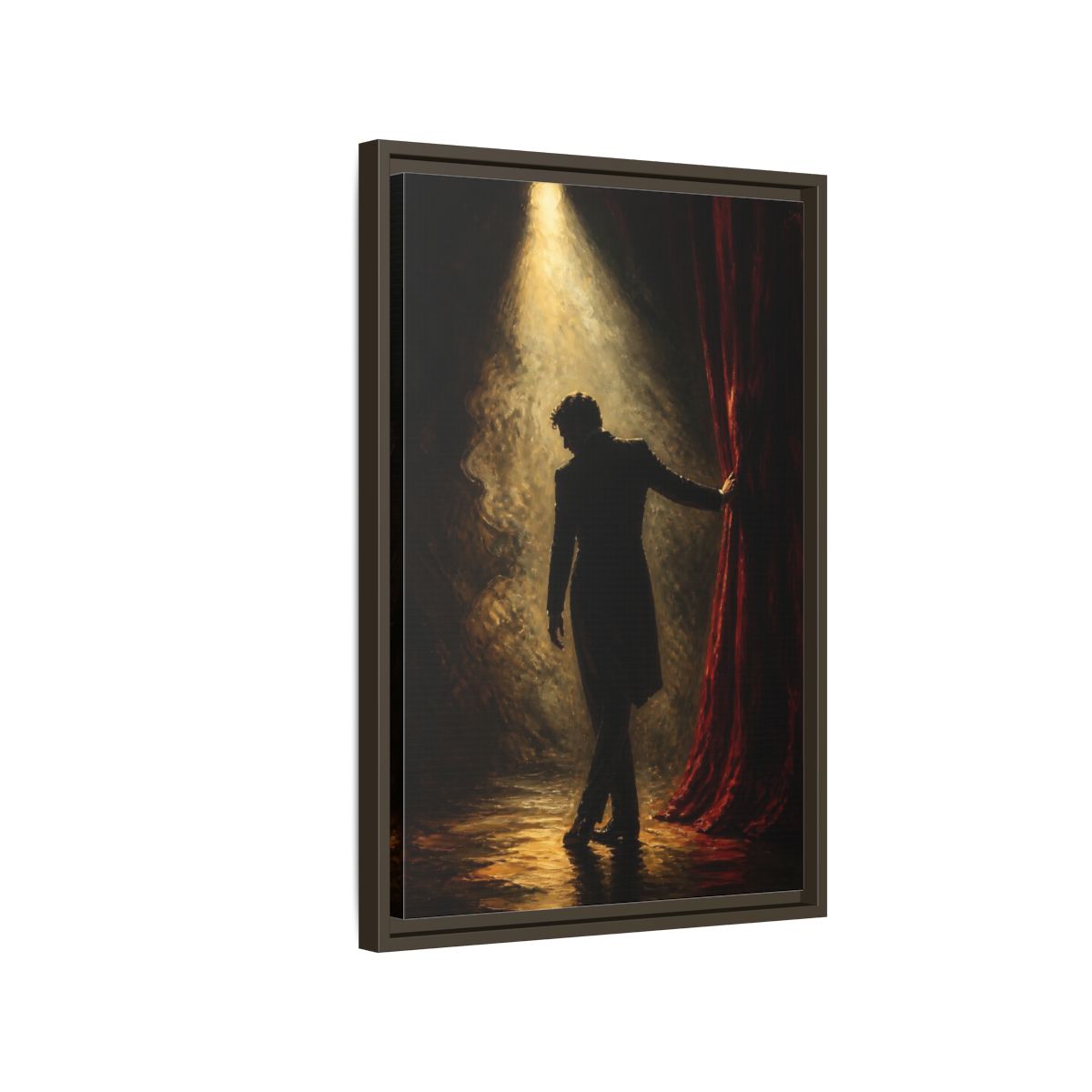 Side Mockup 2. Vintage Man Dramatic Red Black shown as framed canvas print