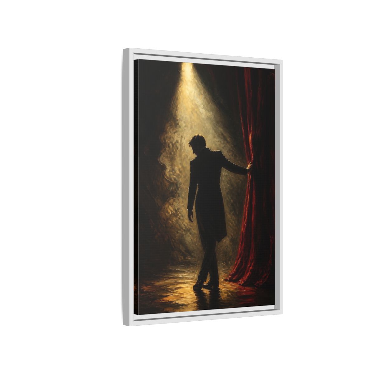 Side Mockup 1. Vintage Man Dramatic Red Black shown as framed canvas print