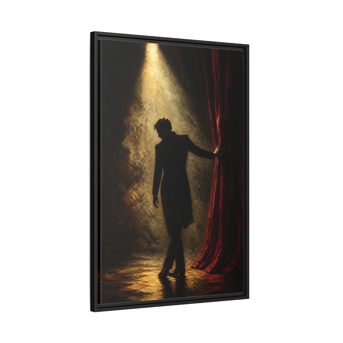 Side Mockup 13. Vintage Man Dramatic Red Black shown as framed canvas print
