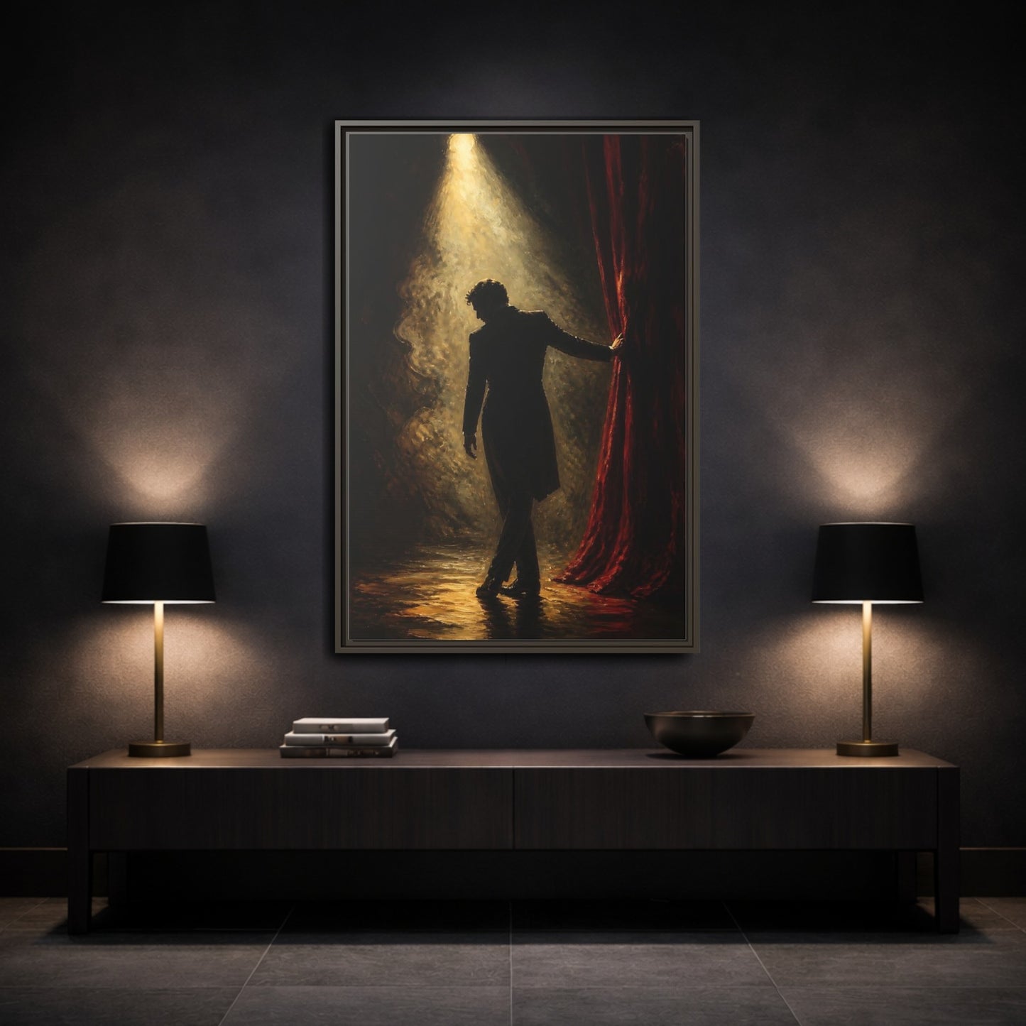 Mockup 3. Vintage Man Dramatic Red Black shown as framed canvas print