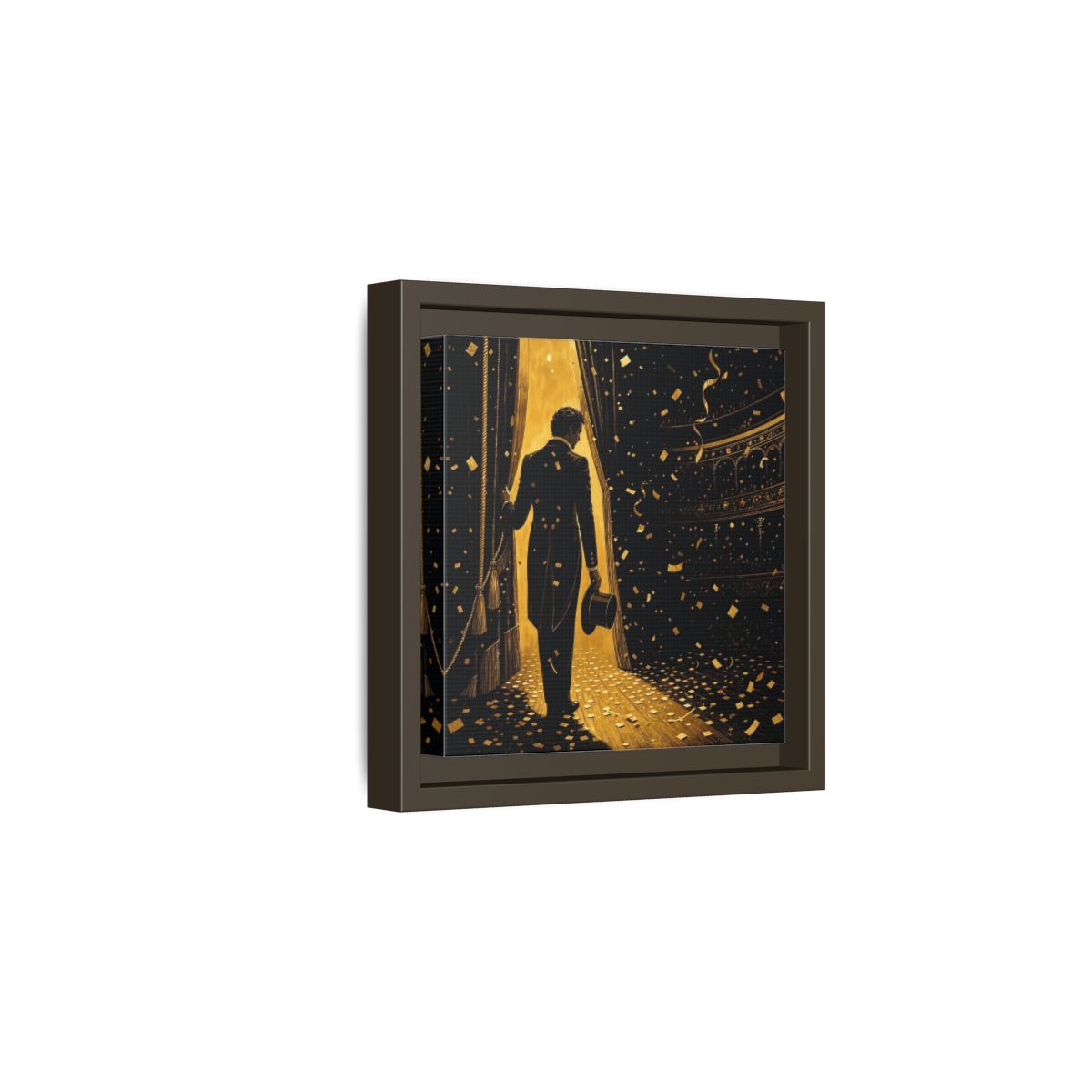 Side Mockup 2. Vintage Man Gold And Black shown as framed canvas print