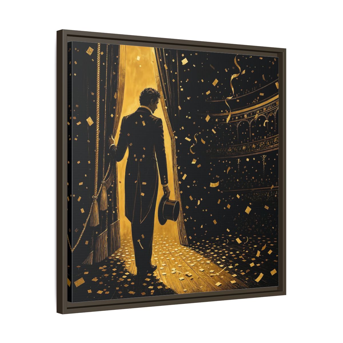 Side Mockup 27. Vintage Man Gold And Black shown as framed canvas print