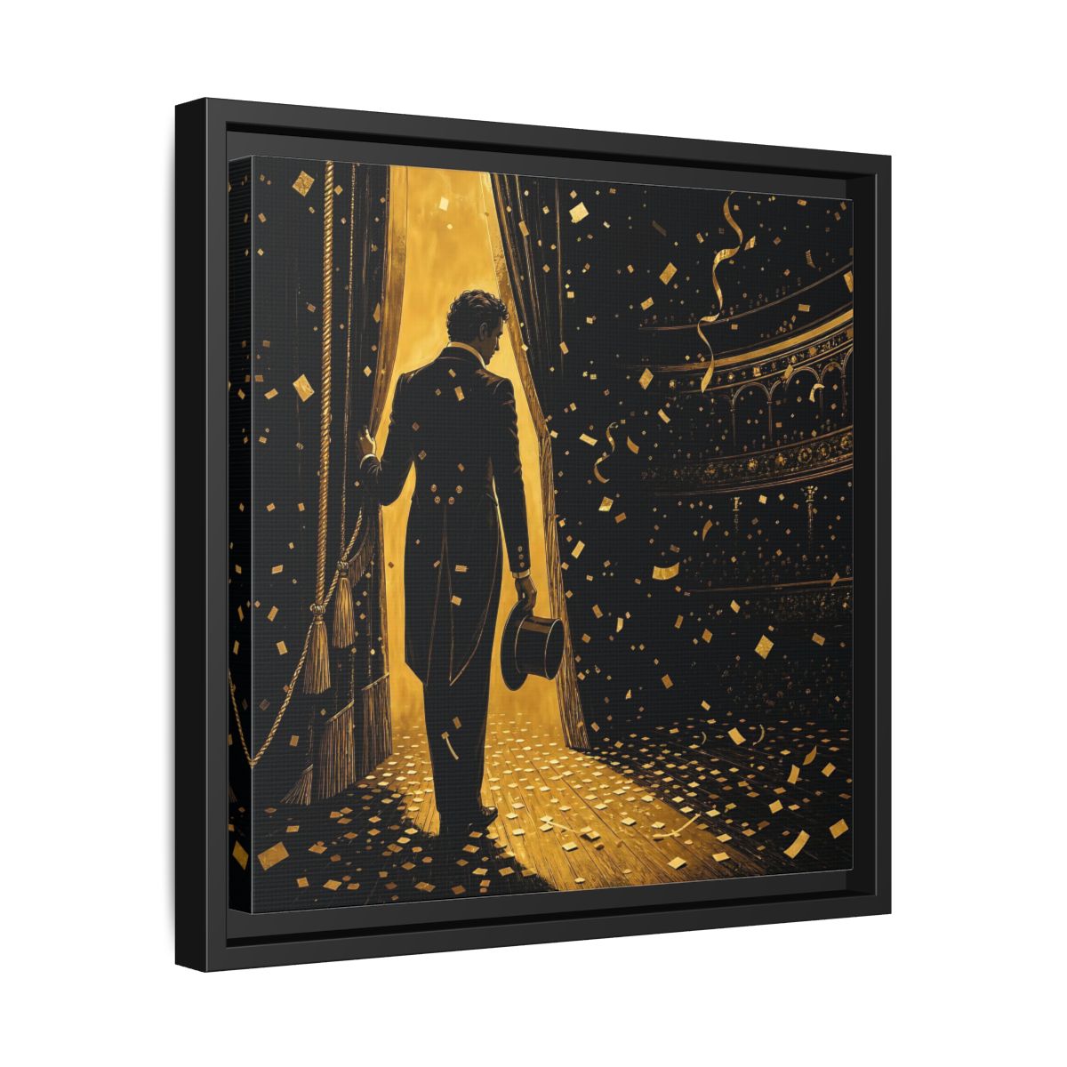 Side Mockup 32. Vintage Man Gold And Black shown as framed canvas print