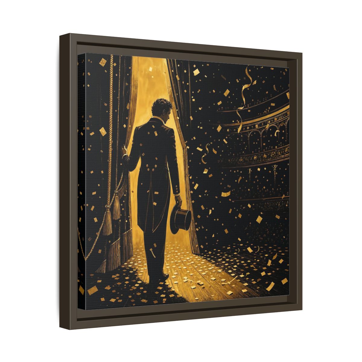 Side Mockup 29. Vintage Man Gold And Black shown as framed canvas print