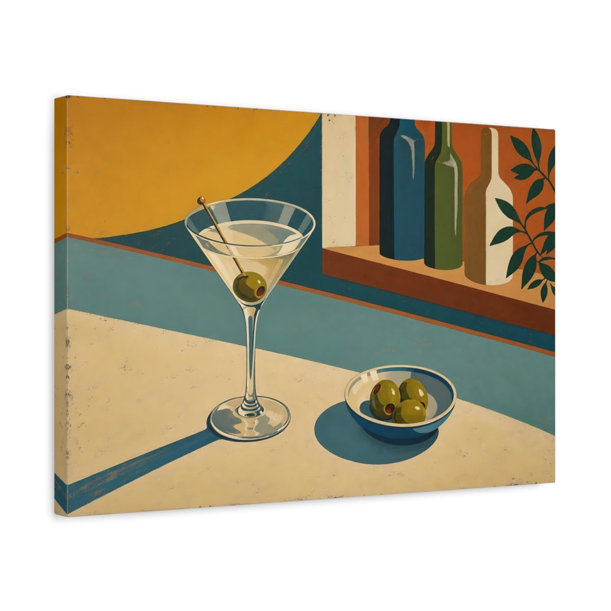 Side Mockup 3. Vintage Martini Retro Cocktail Bar shown as stretched canvas wall art