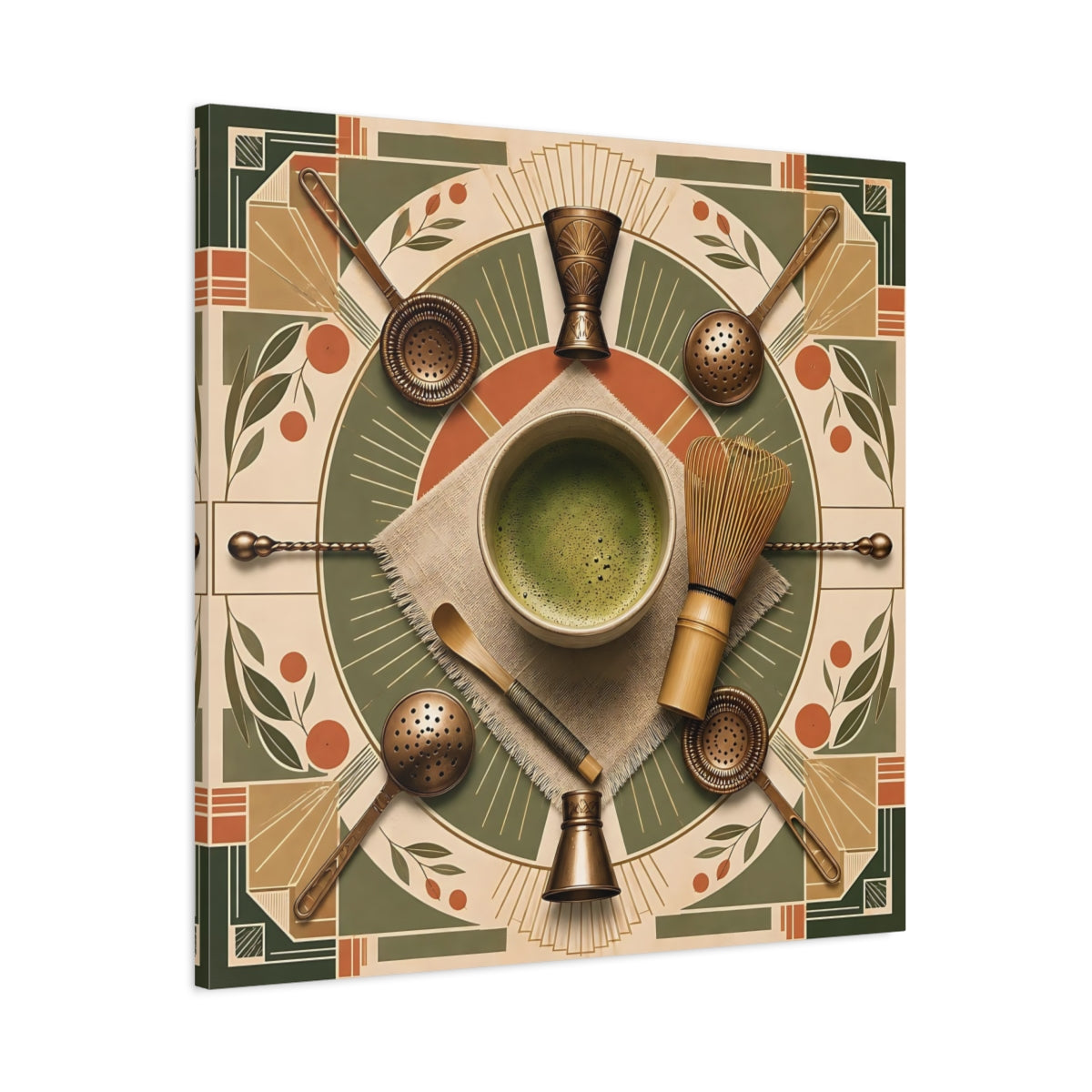 Main Mockup. Vintage Matcha Tools Green And Bronze shown as stretched canvas wall art