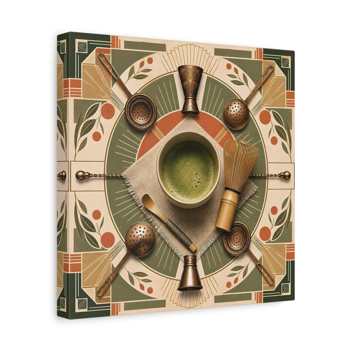 Side Mockup 8. Vintage Matcha Tools Green And Bronze shown as stretched canvas wall art
