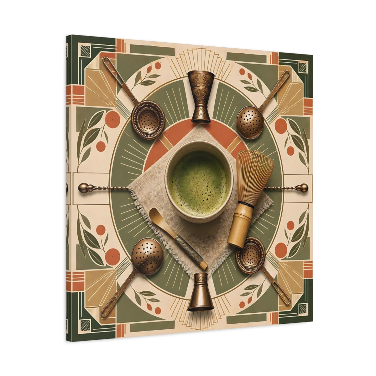 Side Mockup 3. Vintage Matcha Tools Green And Bronze shown as stretched canvas wall art