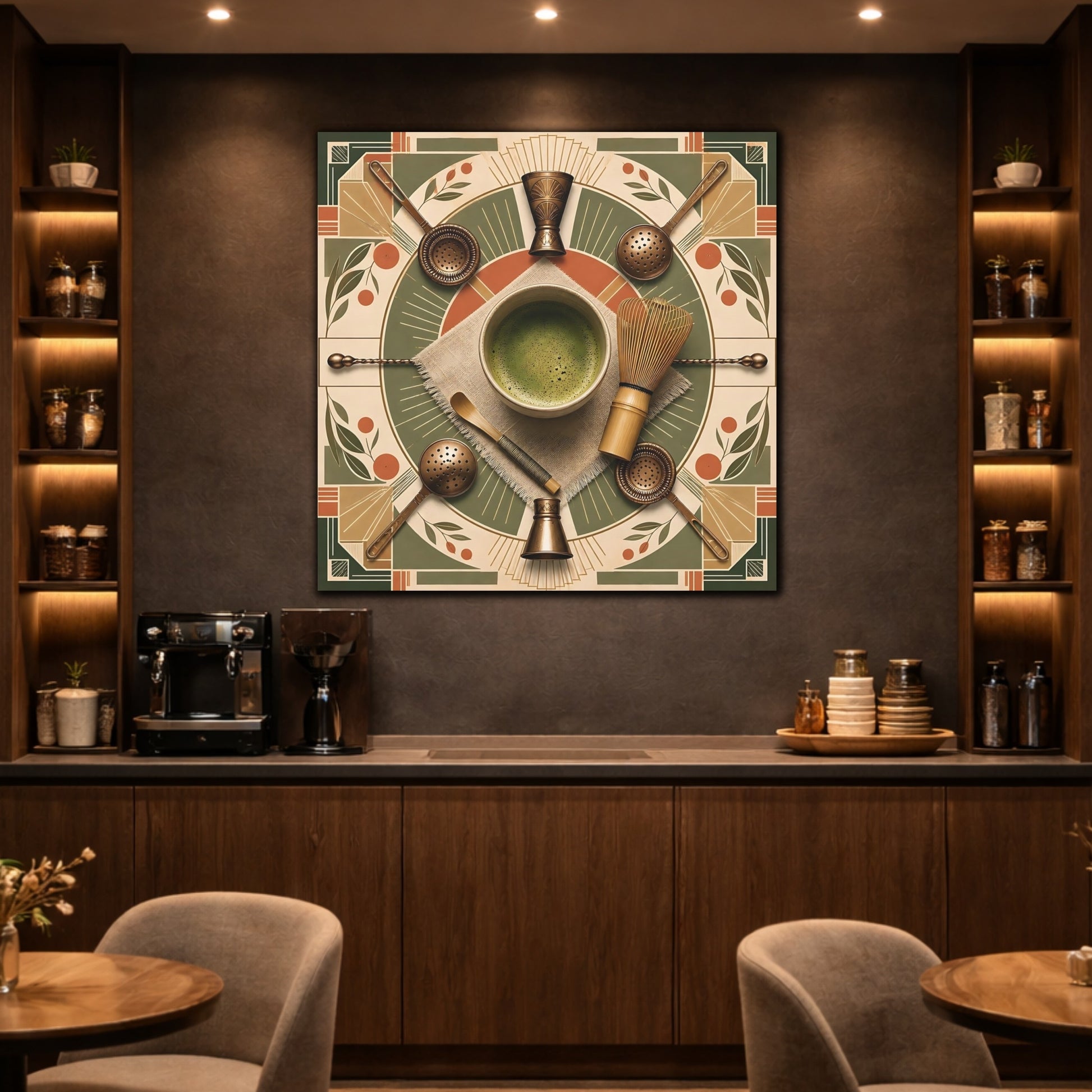 Mockup 2. Vintage Matcha Tools Green And Bronze shown as stretched canvas wall art