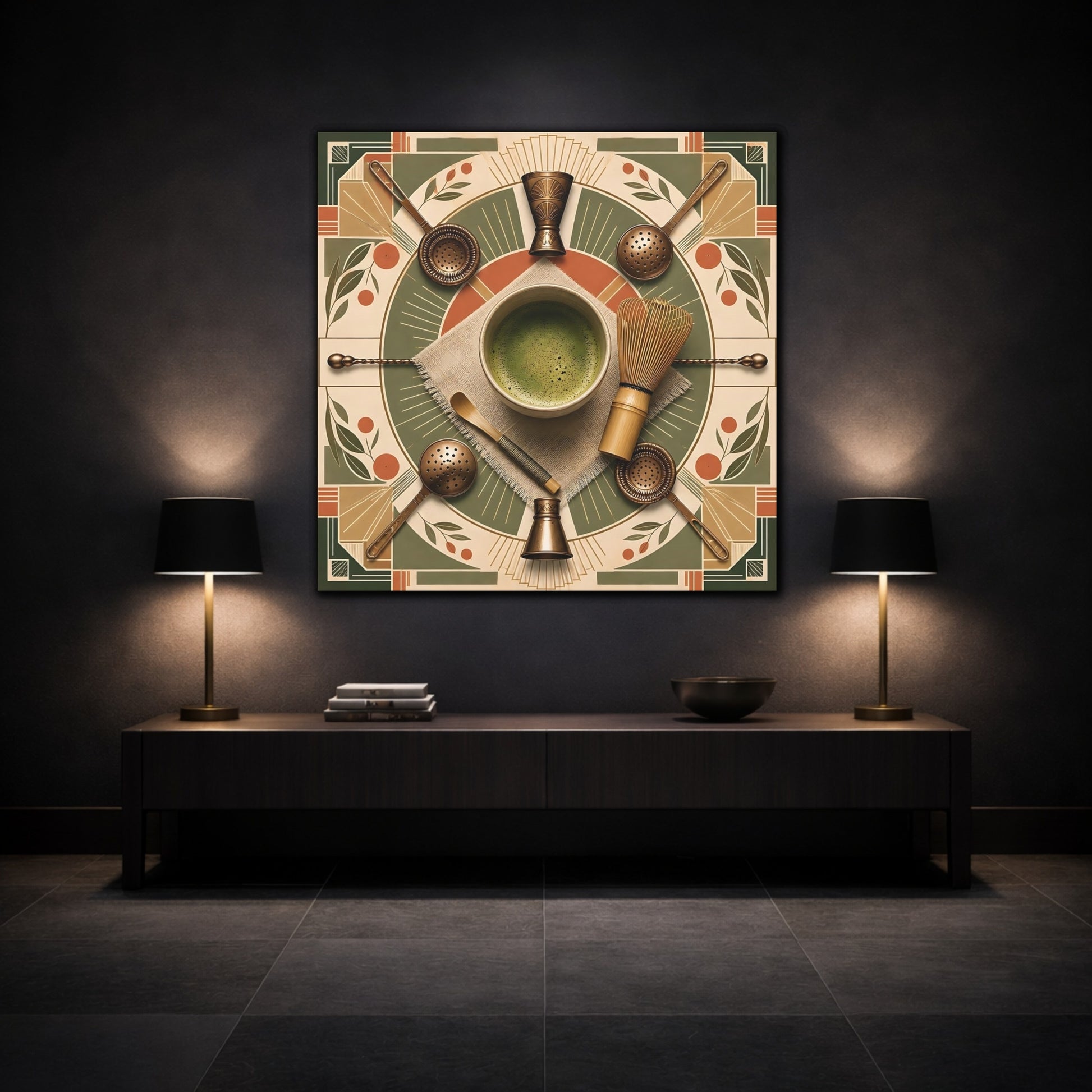 Mockup 3. Vintage Matcha Tools Green And Bronze shown as stretched canvas wall art