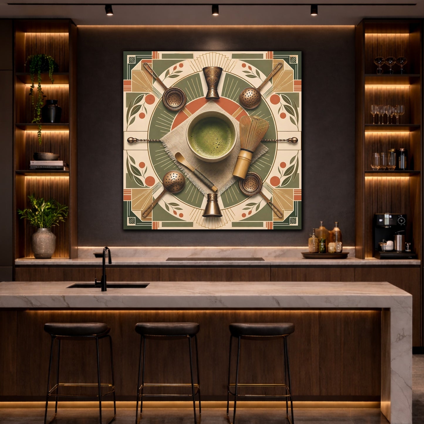 Mockup 4. Vintage Matcha Tools Green And Bronze shown as stretched canvas wall art