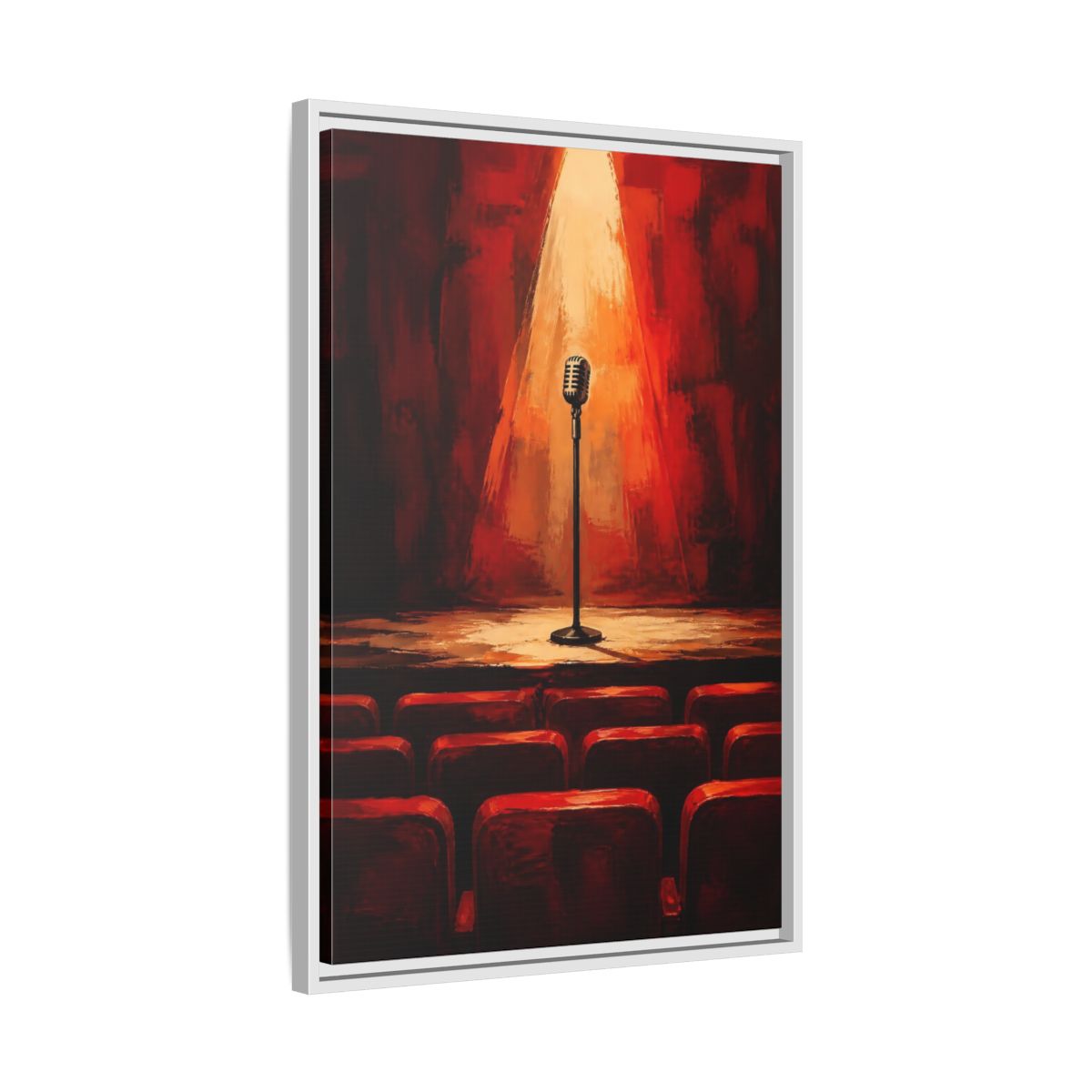 Side Mockup 10. Vintage Microphone Red Stage shown as framed canvas print