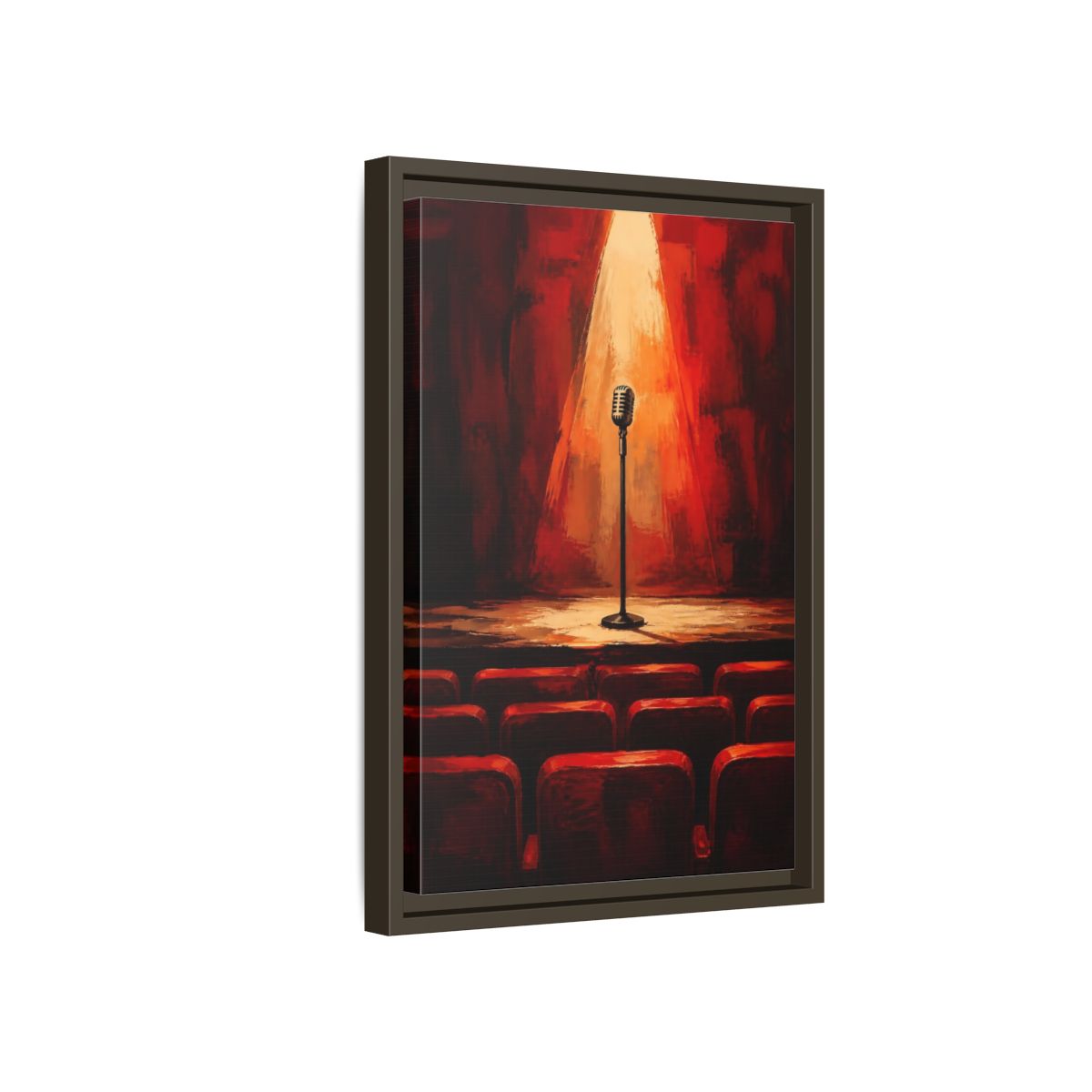 Side Mockup 5. Vintage Microphone Red Stage shown as framed canvas print