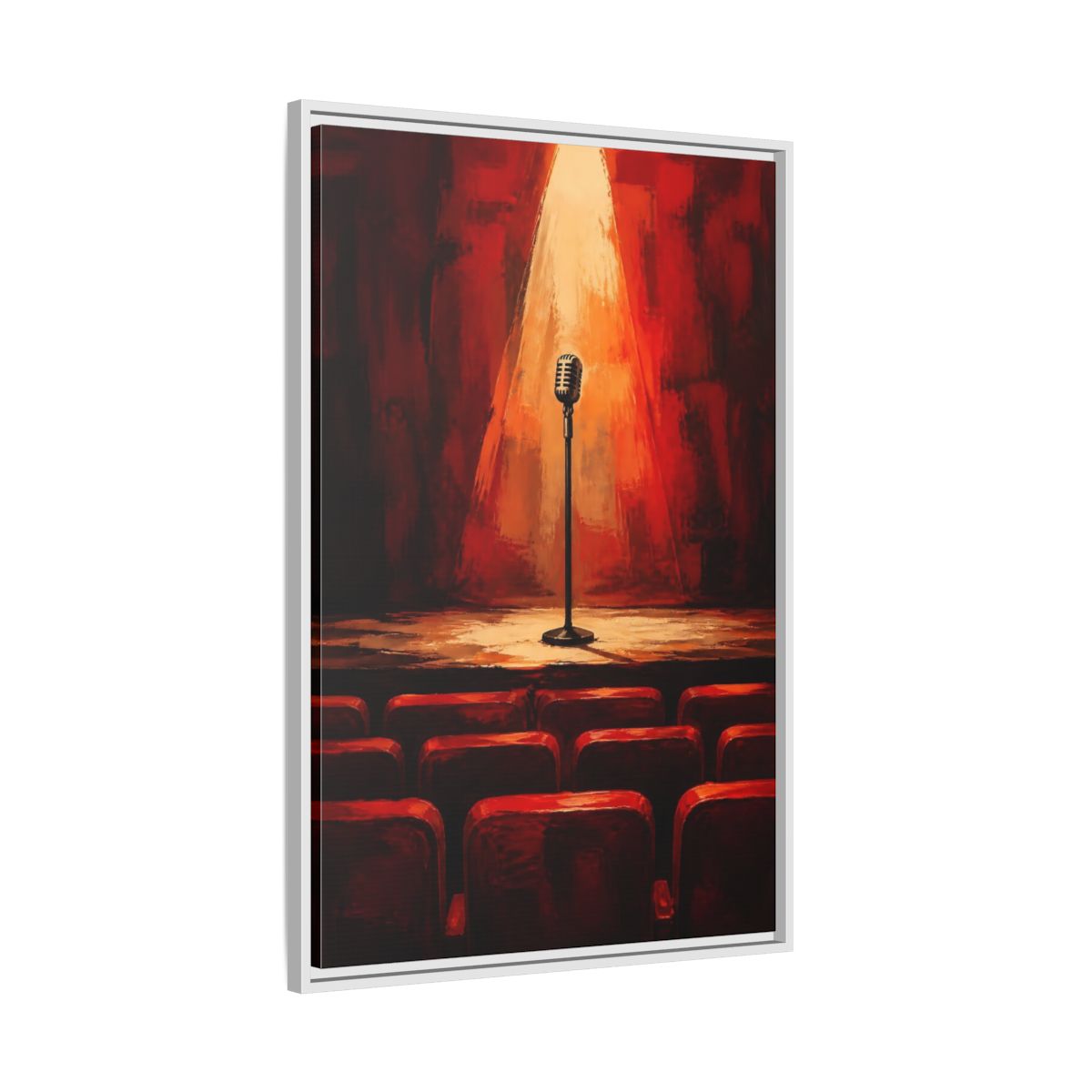 Side Mockup 9. Vintage Microphone Red Stage shown as framed canvas print