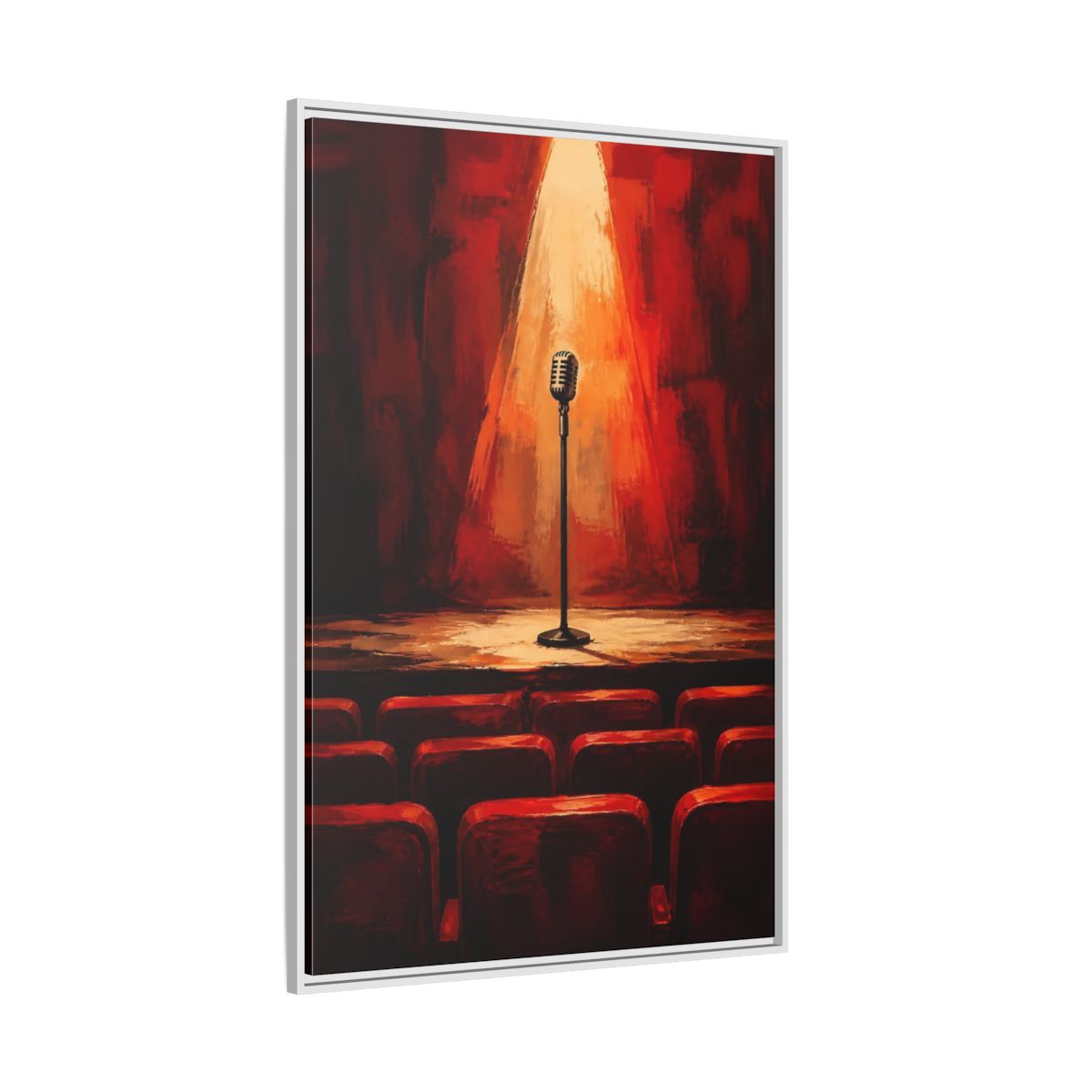 Side Mockup 7. Vintage Microphone Red Stage shown as framed canvas print