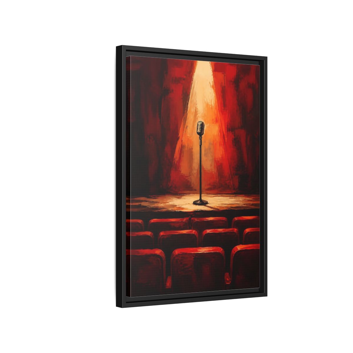 Side Mockup 3. Vintage Microphone Red Stage shown as framed canvas print