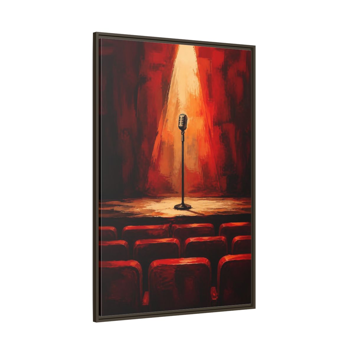 Side Mockup 8. Vintage Microphone Red Stage shown as framed canvas print