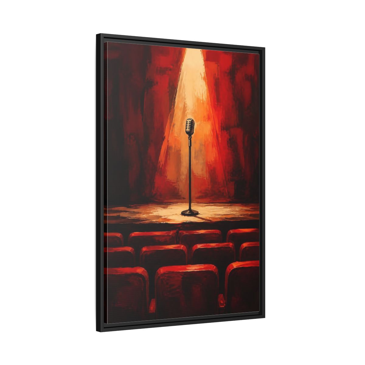 Side Mockup 13. Vintage Microphone Red Stage shown as framed canvas print