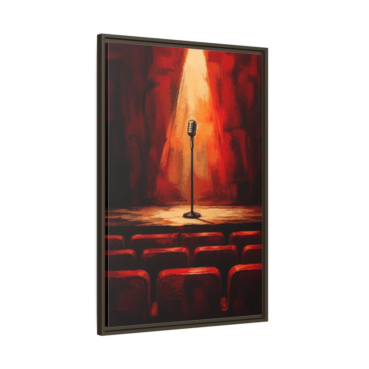 Main Mockup. Vintage Microphone Red Stage shown as framed canvas print