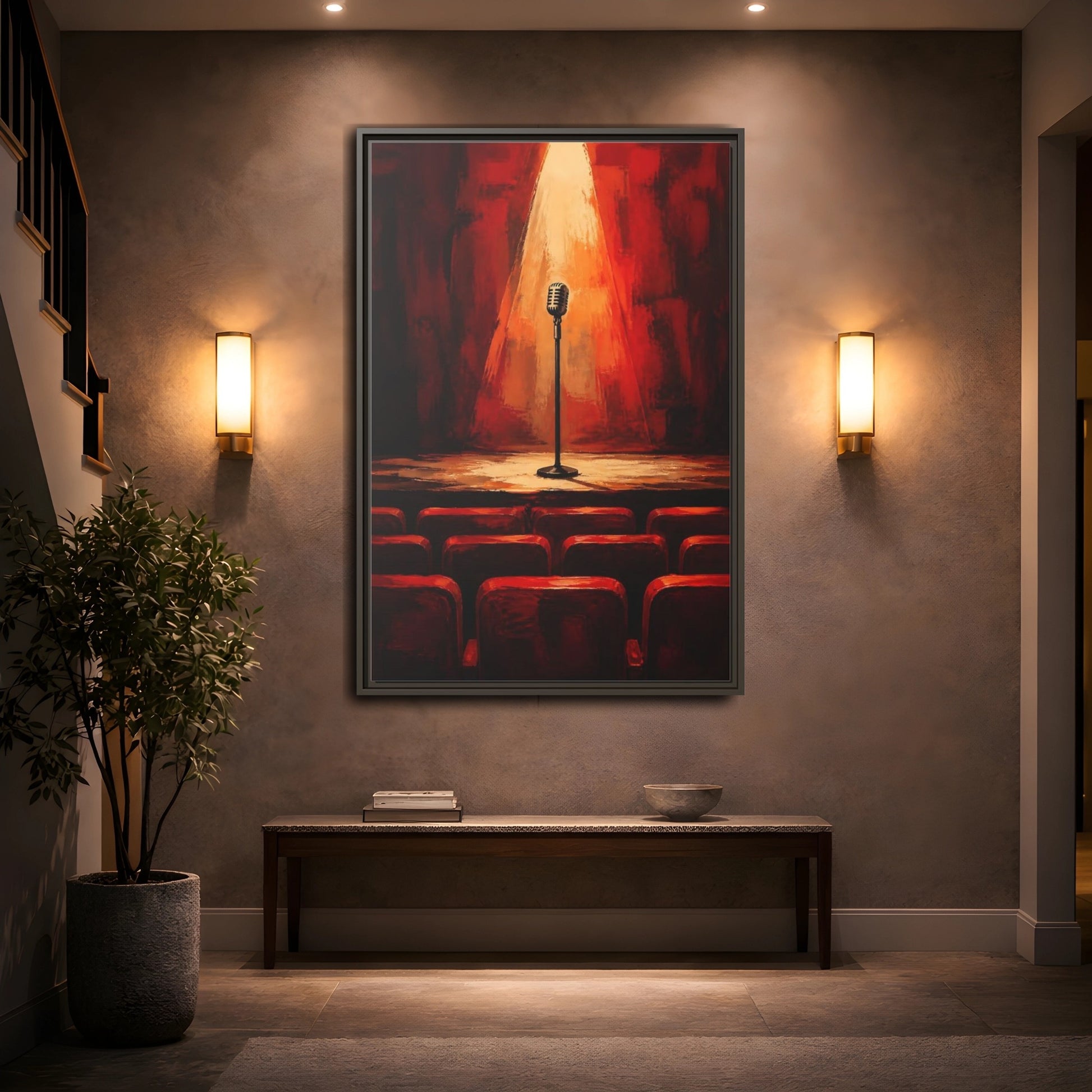 Mockup 2. Vintage Microphone Red Stage shown as framed canvas print