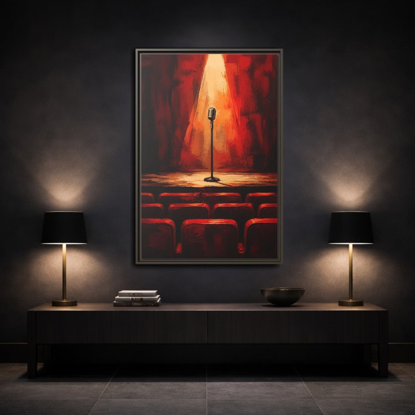 Mockup 3. Vintage Microphone Red Stage shown as framed canvas print