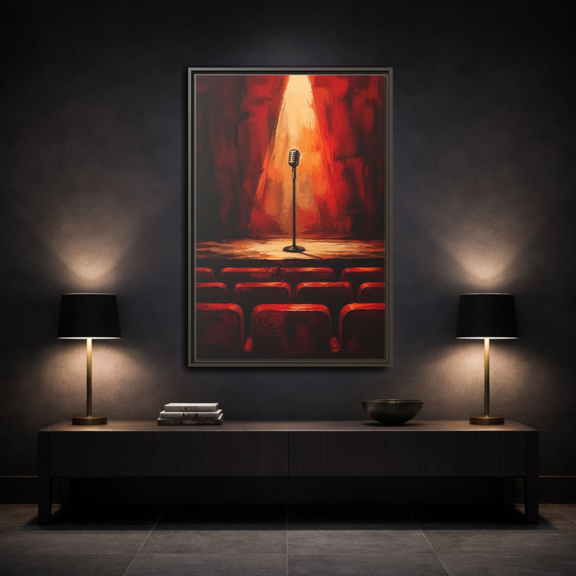 Mockup 3. Vintage Microphone Red Stage shown as framed canvas print